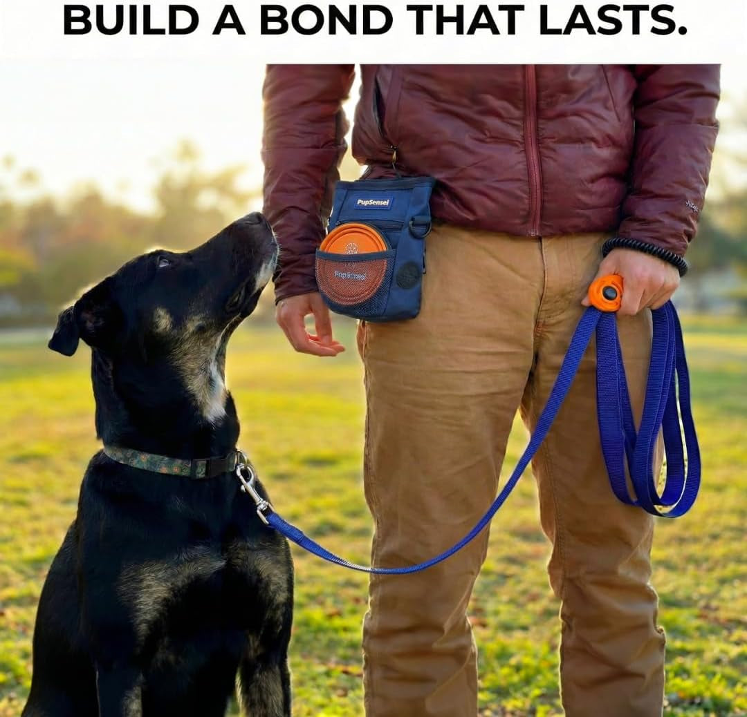 Dog Training Kit & Puppy Starter Set with 30Ft Long Leash – Complete Recall System W/Magnetic Treat Pouch, Clicker, Collapsible Bowl & Waste Bags – Professional Tools (Navy Blue)
