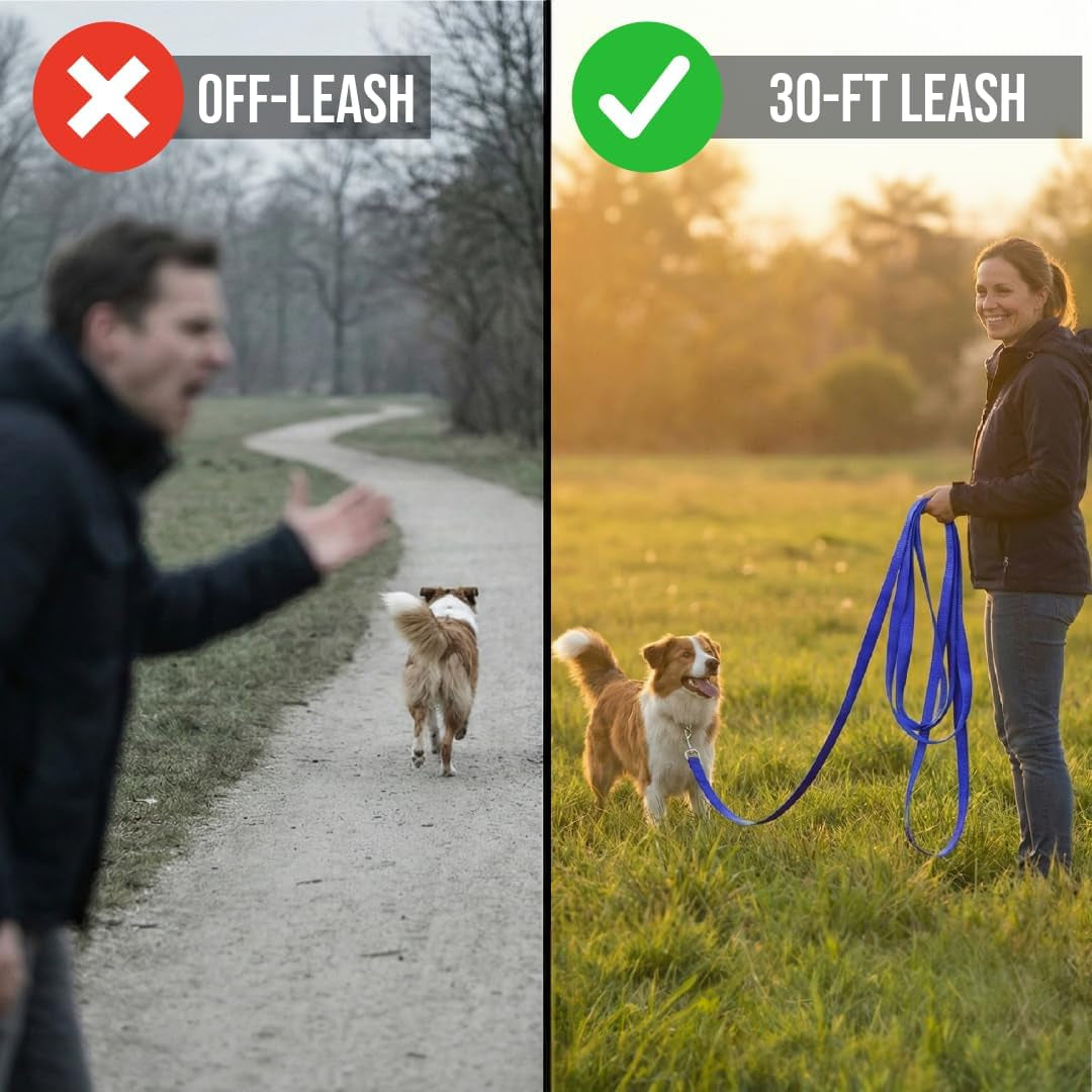 Dog Training Kit & Puppy Starter Set with 30Ft Long Leash – Complete Recall System W/Magnetic Treat Pouch, Clicker, Collapsible Bowl & Waste Bags – Professional Tools (Navy Blue)