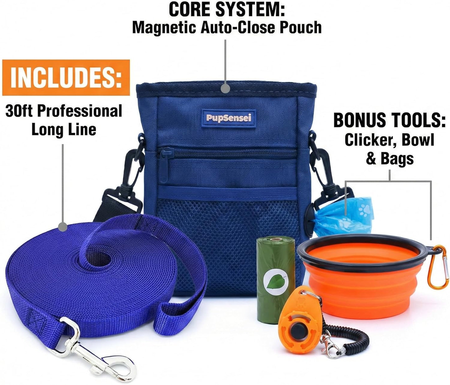 Dog Training Kit & Puppy Starter Set with 30Ft Long Leash – Complete Recall System W/Magnetic Treat Pouch, Clicker, Collapsible Bowl & Waste Bags – Professional Tools (Navy Blue)