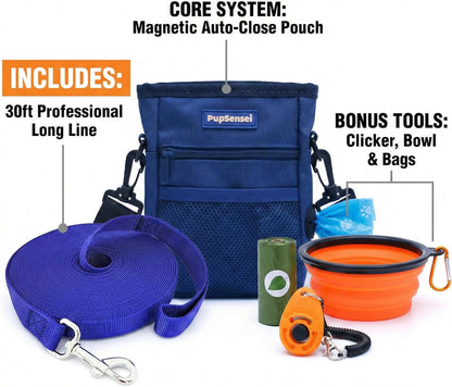 Dog Training Kit & Puppy Starter Set with 30Ft Long Leash – Complete Recall System W/Magnetic Treat Pouch, Clicker, Collapsible Bowl & Waste Bags – Professional Tools (Navy Blue)